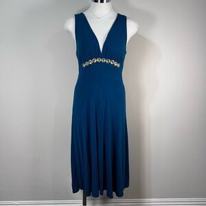Vintage Y2K Forever 21 Teal Rhinestone Midi Dress M Deep V Low Back